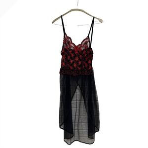 Vintage Nan Flower Red Black Lace Babydoll Chemise Lingerie Made in USA Medium